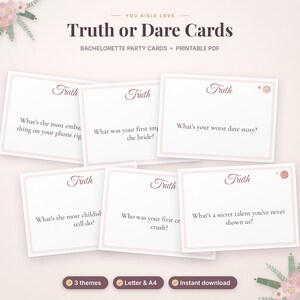 May include: A set of white Truth or Dare cards with pink borders and dark text. The cards feature questions like What's your worst date story and What's a secret talent you've never shown us. The header reads You Aisle Love Truth or Dare Cards.