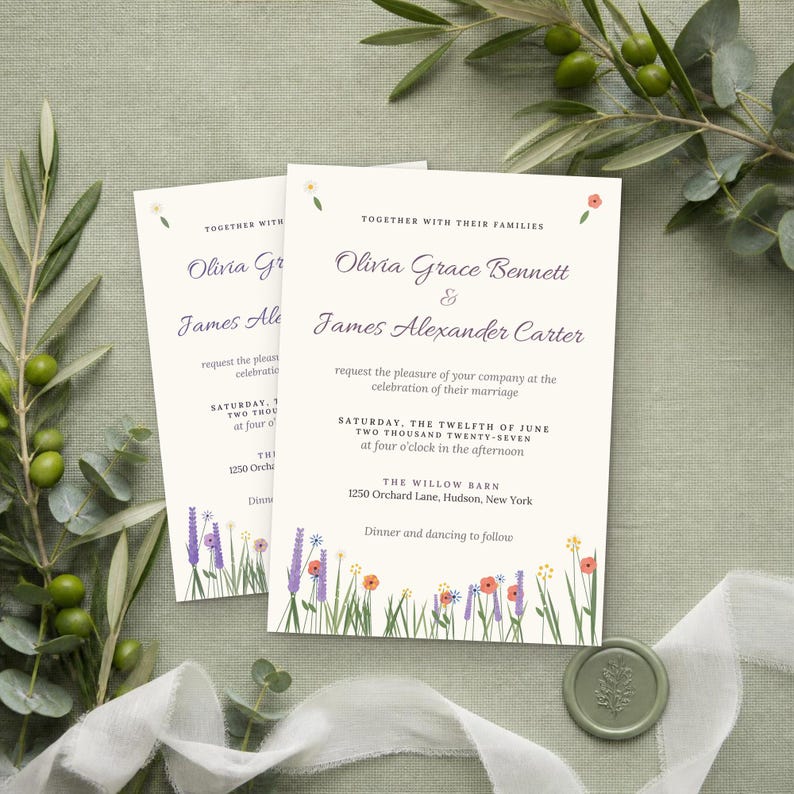 May include: A white wedding invitation card featuring the text Olivia Grace Bennett and James Alexander Carter, with colorful floral illustrations at the bottom and top. The card details the marriage ceremony at The Willow Barn in New York.