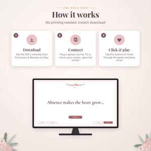 May include: An instructional graphic titled You Aisle Love How it works, detailing a three-step digital download process. Below, a computer monitor displays a game screen with the text Absence makes the heart grow and a Reveal button.