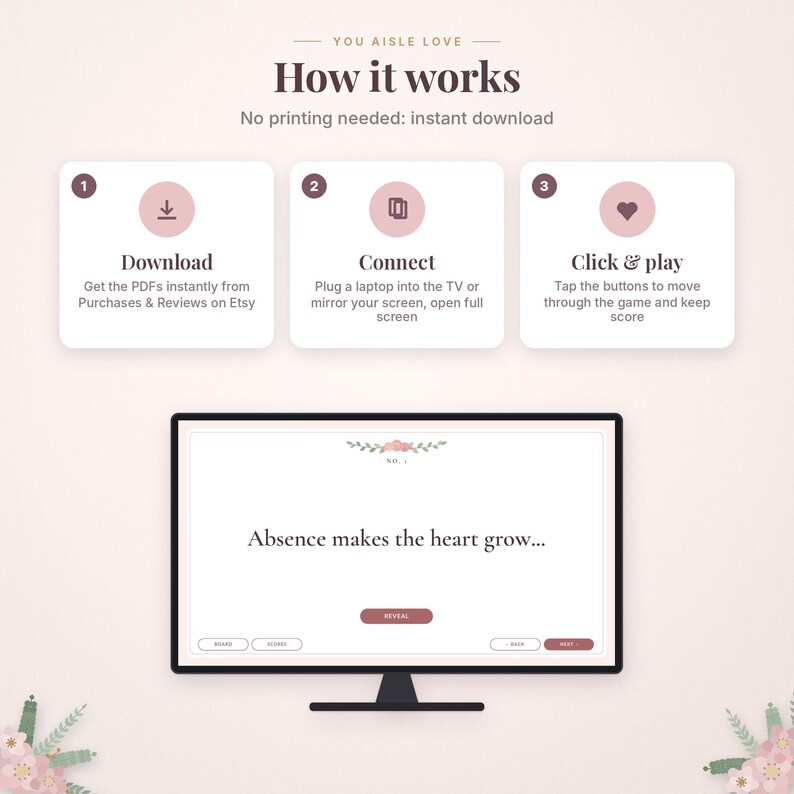 May include: An instructional graphic titled You Aisle Love How it works, detailing a three-step digital download process. Below, a computer monitor displays a game screen with the text Absence makes the heart grow and a Reveal button.