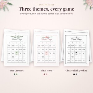 May include: Three printable Bridal Bingo game cards featuring Sage Greenery, Blush Floral, and Classic Black & White themes. Each card includes a grid with the word BRIDE at the top and various household items listed in the squares.