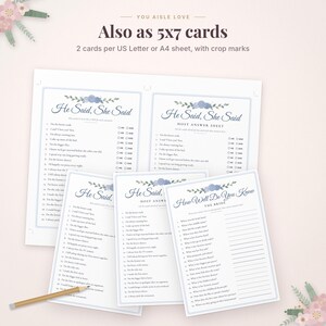 May include: A set of printable wedding game cards featuring blue floral accents. The text includes He Said, She Said and How Well Do You Know The Bride. The cards are displayed with a wooden pencil, showing 5x7 cards and US Letter layout.