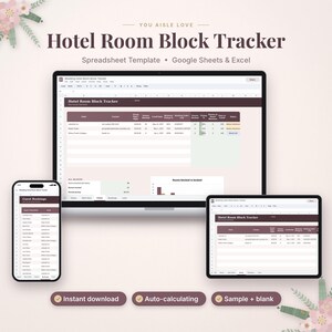 Puede incluir: Una plantilla de hoja de c&aacute;lculo digital Hotel Room Block Tracker para Google Sheets y Excel mostrada en una computadora port&aacute;til, tableta y tel&eacute;fono inteligente. La interfaz presenta encabezados granates y columnas organizadas.