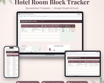 May include: A digital Hotel Room Block Tracker spreadsheet template for Google Sheets and Excel displayed on a laptop, tablet, and smartphone. The interface features dark maroon headers, organized columns for guest bookings, and data charts.