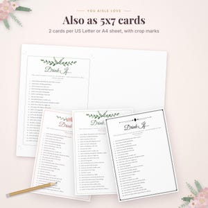 May include: A collection of printable wedding game cards titled Drink If, featuring lists of statements and instructions. The cards are displayed in various layouts, including a sheet with crop marks, alongside a wooden pencil on a light background.