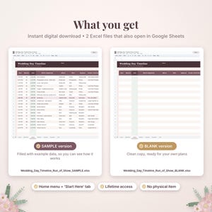 Pode incluir: Duas planilhas digitais de cronograma para o dia do casamento em formato Excel. Uma vers&atilde;o est&aacute; preenchida com dados de exemplo e a outra &eacute; um modelo em branco. Ambas possuem um cabe&ccedil;alho bord&ocirc; com o texto Wedding Day Timeline.