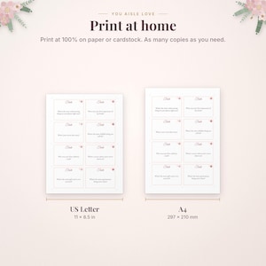 May include: A digital printable game sheet titled You Aisle Love featuring eight Truth question cards. The layout shows a US Letter 11 by 8.5 inch version and an A4 297 by 210 mm version. Text includes Print at home and instructions.