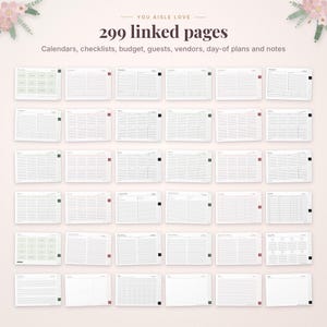 May include: A digital planner layout featuring 299 linked pages with the text You Aisle Love. The grid displays various templates including calendars, checklists, budget trackers, guest lists, vendor logs, day-of plans, and note pages.