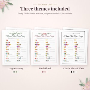 Pu&ograve; includere: Tre fogli di gioco stampabili intitolati Name That Love Song con indizi emoji. I design includono i temi Sage Greenery, Blush Floral e Classic Black & White con elenchi numerati e righe vuote per le risposte.