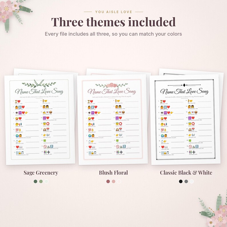Pu&ograve; includere: Tre fogli di gioco stampabili intitolati Name That Love Song con indizi emoji. I design includono i temi Sage Greenery, Blush Floral e Classic Black & White con elenchi numerati e righe vuote per le risposte.