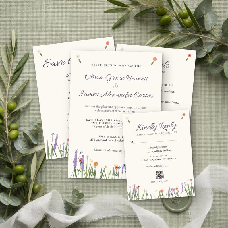 May include: A wedding invitation suite featuring cream-colored cardstock with dark gray text and colorful wildflower illustrations at the bottom. The cards include a Save the Date, a main invitation for Olivia Grace Bennett and James Alexander Carter, and a Kindly Reply card with a QR code.