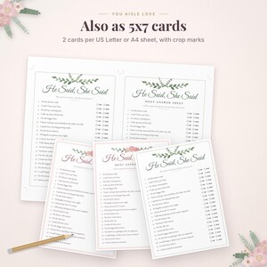 May include: A printable He Said, She Said wedding game set featuring multiple cards with lists of statements and checkboxes for He or She. The text includes the title He Said, She Said and Host Answer Sheet, decorated with green leaf and pink floral illustrations.