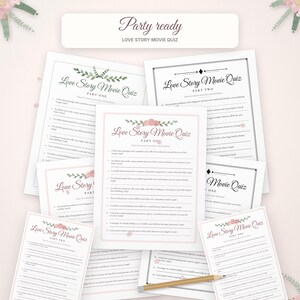 Pode incluir: Uma cole&ccedil;&atilde;o de folhas de jogo Love Story Movie Quiz com detalhes florais, rosas cor-de-rosa e folhas verdes. O texto impresso inclui t&iacute;tulos como Love Story Movie Quiz Part One e Part Two, com listas numeradas de perguntas e linhas em branco.