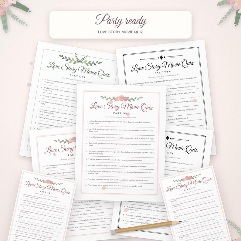 Pode incluir: Uma cole&ccedil;&atilde;o de folhas de jogo Love Story Movie Quiz com detalhes florais, rosas cor-de-rosa e folhas verdes. O texto impresso inclui t&iacute;tulos como Love Story Movie Quiz Part One e Part Two, com listas numeradas de perguntas e linhas em branco.