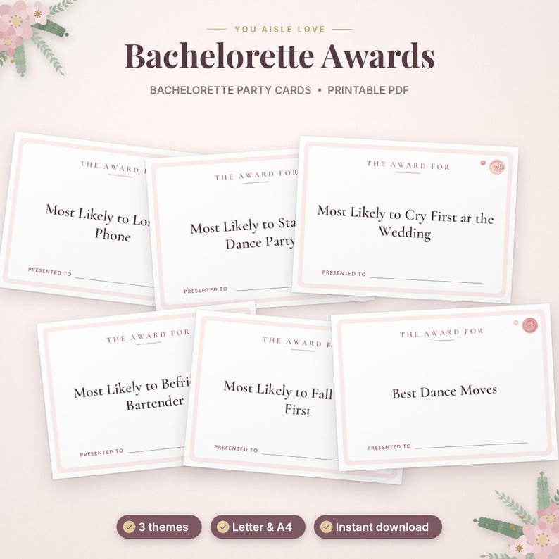 May include: A set of white Bachelorette Awards party cards with light pink borders and dark text. The cards feature titles like Most Likely to Cry First at the Wedding, Best Dance Moves, and Most Likely to Lose Phone, with lines for names.