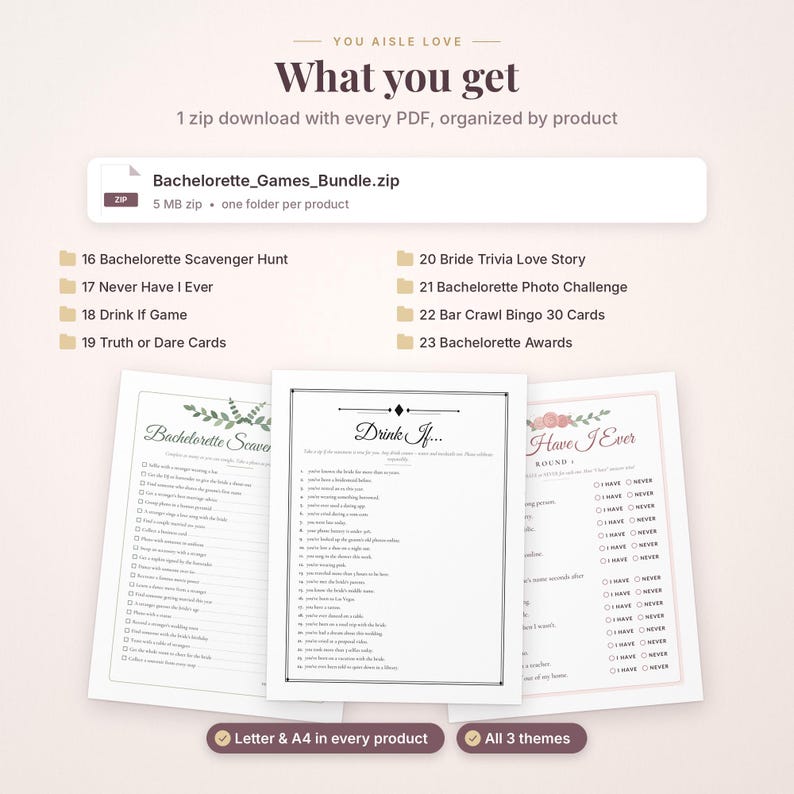 May include: A digital bachelorette party game bundle featuring a zip file download, a list of included games like Scavenger Hunt, Never Have I Ever, Drink If, and Trivia, and three printed game sheets with text in English on a light background.