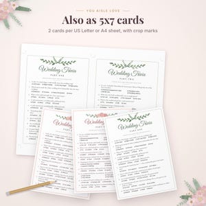 May include: A set of printable wedding trivia game cards featuring floral accents and the text Wedding Trivia Part One and Part Two. The cards are displayed on a white background with a wooden pencil, including instructions for printing 5x7 cards.