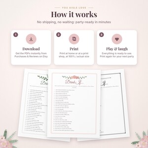 May include: An instructional graphic titled You Aisle Love How it works with three steps: Download, Print, and Play & laugh. Below are three white paper sheets featuring a Drink If game with floral accents and numbered lists of text.