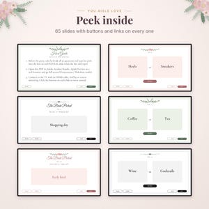 May include: A digital presentation template titled You Aisle Love featuring 65 slides with interactive buttons and links. The slides include a host guide and various game screens with text options like Heels, Sneakers, Coffee, Tea, Wine, and Cocktails.