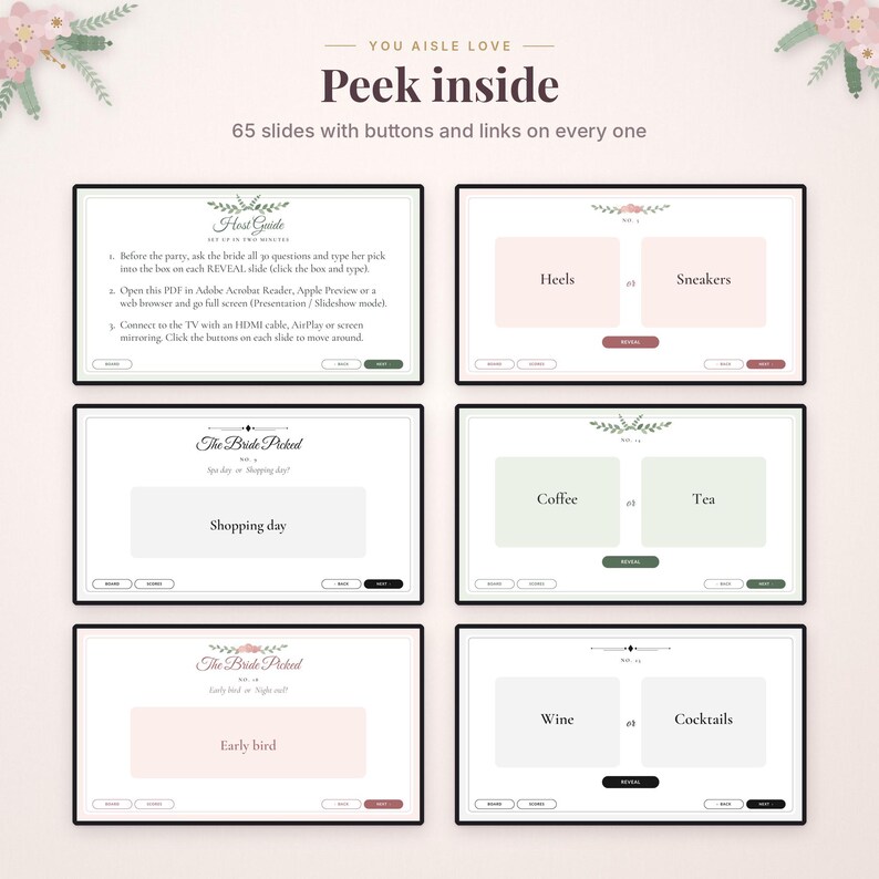 May include: A digital presentation template titled You Aisle Love featuring 65 slides with interactive buttons and links. The slides include a host guide and various game screens with text options like Heels, Sneakers, Coffee, Tea, Wine, and Cocktails.