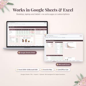 Puede incluir: Una hoja de c&aacute;lculo digital para planificar bodas mostrada en una computadora port&aacute;til y una pantalla separada, con tablas, gr&aacute;ficos y datos financieros. El texto incluye Works in Google Sheets & Excel, Google Sheets (free), Microsoft Excel, Excel 2016+ & Microsoft 365, Excel for Mac, LibreOffice Calc y Google Sheets: File > Import > Upload. Not designed for Apple Numbers.