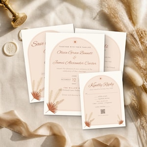 May include: A set of wedding stationery featuring arch-shaped designs in soft peach and cream tones. The cards display text including "Save the Date," "Olivia Grace Bennett & James Alexander Carter," and "Kindly Reply," accented with illustrations of dried palm leaves and a small sun icon.