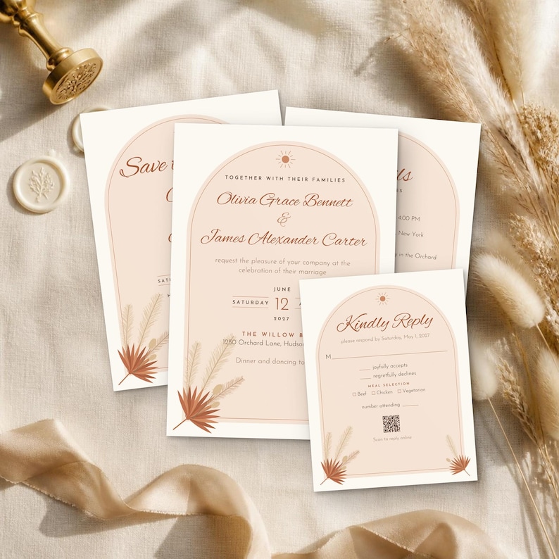 May include: A set of wedding stationery featuring arch-shaped designs in soft peach and cream tones. The cards display text including "Save the Date," "Olivia Grace Bennett & James Alexander Carter," and "Kindly Reply," accented with illustrations of dried palm leaves and a small sun icon.