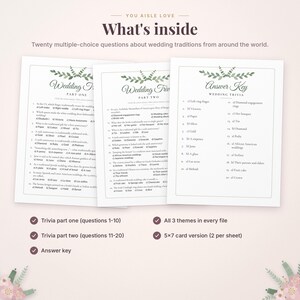 May include: Three white paper sheets featuring wedding trivia games and an answer key. The text includes "Wedding Trivia Part One," "Part Two," and "Answer Key" with green leaf illustrations at the top of each page and multiple-choice questions.