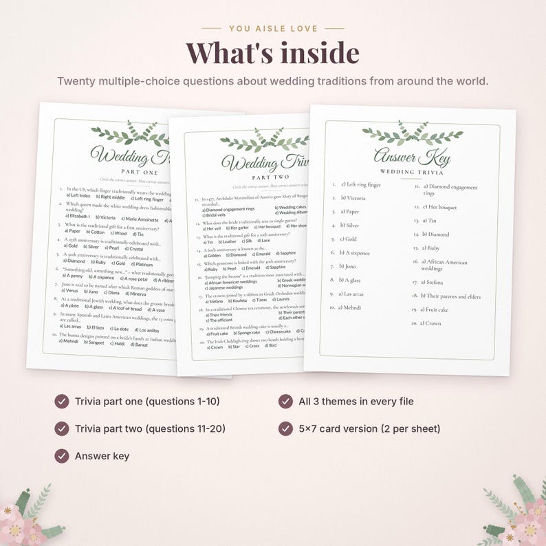 May include: Three white paper sheets featuring wedding trivia games and an answer key. The text includes "Wedding Trivia Part One," "Part Two," and "Answer Key" with green leaf illustrations at the top of each page and multiple-choice questions.