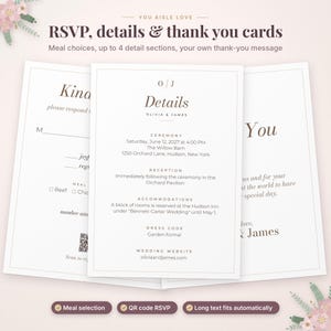 May include: A set of three white wedding stationery cards featuring dark brown text. The center card displays details for Olivia and James, including ceremony, reception, and accommodation information. The left card is an RSVP form with a QR code.