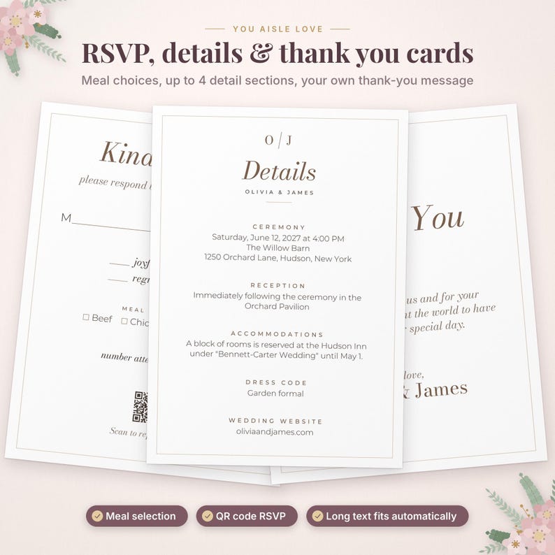 May include: A set of three white wedding stationery cards featuring dark brown text. The center card displays details for Olivia and James, including ceremony, reception, and accommodation information. The left card is an RSVP form with a QR code.
