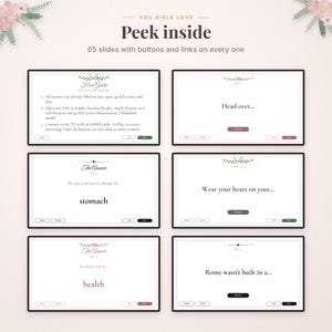 May include: A digital presentation titled You Aisle Love featuring 65 slides with interactive buttons and links. The slides display text including Host Guide, Head over, The Answer, stomach, Wear your heart on your, and health.