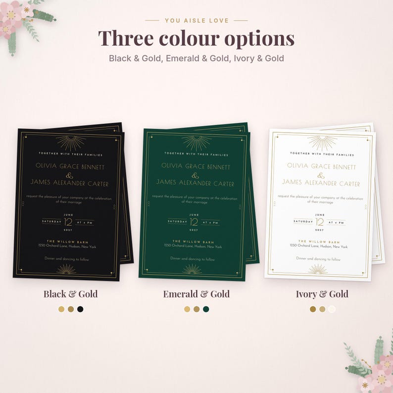 K&ouml;nnte beinhalten: Drei Hochzeitseinladungs-Sets mit goldenem Text und Sonnenstrahlen-Motiven auf schwarzem, smaragdgr&uuml;nem und elfenbeinfarbenem Hintergrund. Der Text lautet: Together with their families, Olivia Grace Bennett and James Alexander Carter, request the pleasure of your company at the celebration of their marriage, June 12, 2021, at The Willow Barn, 1250 Orchard Lane, Hudson, New York.