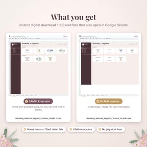 May include: A digital wedding website and registry tracker spreadsheet template. The image displays two versions: a sample version filled with example data and a blank version for personal use, both featuring a clean, organized layout.