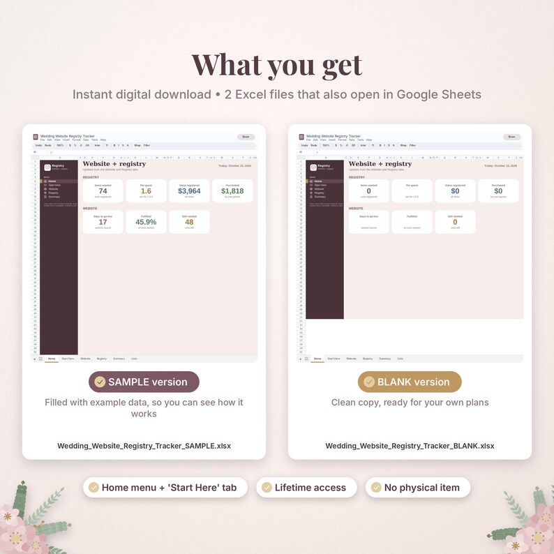 May include: A digital wedding website and registry tracker spreadsheet template. The image displays two versions: a sample version filled with example data and a blank version for personal use, both featuring a clean, organized layout.
