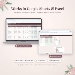 Puede incluir: Una plantilla de presupuesto de boda digital en dos pantallas de ordenador. La interfaz muestra columnas para gastos, categor&iacute;as y estado de pago. El texto incluye Works in Google Sheets & Excel, Google Sheets (free), Microsoft Excel, Excel 2016+ & Microsoft 365, Excel for Mac, LibreOffice Calc y Google Sheets: File > Import > Upload. Not designed for Apple Numbers.