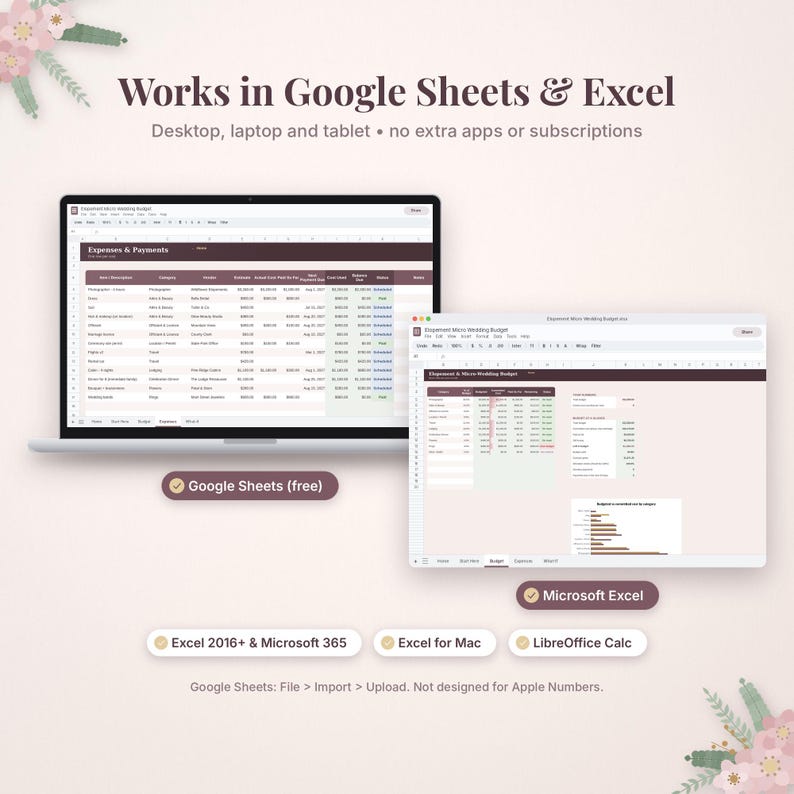 Puede incluir: Una plantilla de presupuesto de boda digital en dos pantallas de ordenador. La interfaz muestra columnas para gastos, categor&iacute;as y estado de pago. El texto incluye Works in Google Sheets & Excel, Google Sheets (free), Microsoft Excel, Excel 2016+ & Microsoft 365, Excel for Mac, LibreOffice Calc y Google Sheets: File > Import > Upload. Not designed for Apple Numbers.