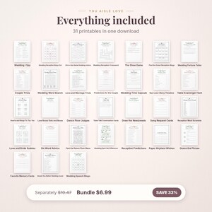 May include: A digital collection of 31 printable wedding activity sheets featuring games like Wedding I Spy, crossword puzzles, trivia, and word searches. Each white page includes black text and floral accents for reception entertainment.