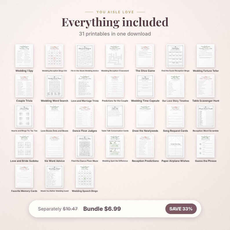 May include: A digital collection of 31 printable wedding activity sheets featuring games like Wedding I Spy, crossword puzzles, trivia, and word searches. Each white page includes black text and floral accents for reception entertainment.