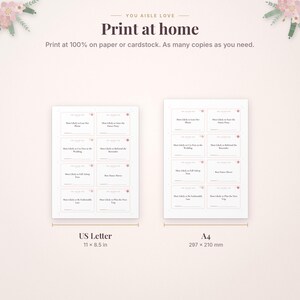 May include: A digital printable game sheet featuring the text 'YOU AISLE LOVE' and 'Print at home'. It displays two layouts of 'Most Likely To' cards labeled 'US Letter 11 x 8.5 in' and 'A4 297 x 210 mm' with floral accents in the corners.