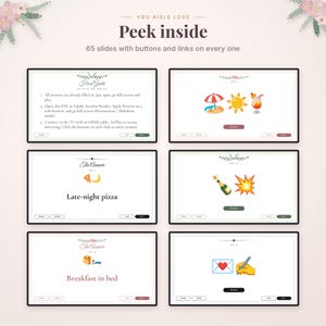 May include: A digital presentation with 65 slides featuring interactive buttons and links. The slides display text including 'You aisle love', 'Peek inside', 'Host Guide', 'The Answer', 'Late-night pizza', and 'Breakfast in bed' with various emojis.