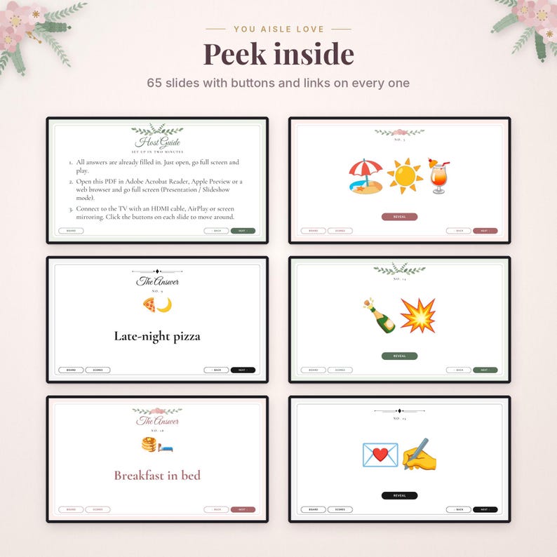 May include: A digital presentation with 65 slides featuring interactive buttons and links. The slides display text including 'You aisle love', 'Peek inside', 'Host Guide', 'The Answer', 'Late-night pizza', and 'Breakfast in bed' with various emojis.