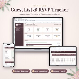May include: A digital Guest List & RSVP Tracker spreadsheet template for Google Sheets and Excel displayed on a computer monitor, tablet, and smartphone. The interface features data tables, progress bars, and summary statistics in a neutral colour palette.