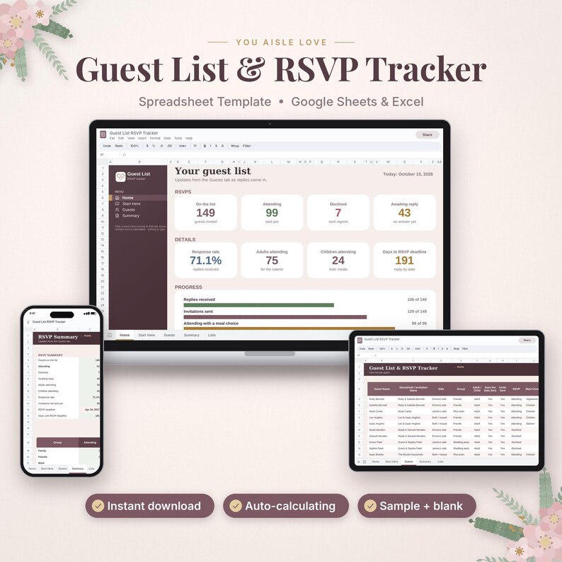 May include: A digital Guest List & RSVP Tracker spreadsheet template for Google Sheets and Excel displayed on a computer monitor, tablet, and smartphone. The interface features data tables, progress bars, and summary statistics in a neutral colour palette.