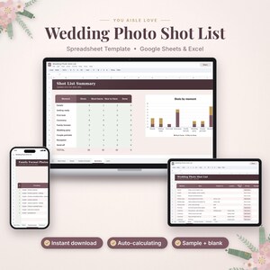 May include: A digital wedding photo shot list spreadsheet template displayed on a laptop, tablet, and smartphone. The interface features tables, charts, and columns for tracking moments, must-haves, and nice-to-have shots for Google Sheets and Excel.
