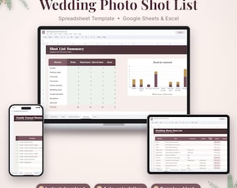Pode incluir: Um modelo de planilha digital para lista de fotos de casamento exibido em um laptop, tablet e smartphone. A interface apresenta tabelas, gráficos e colunas para rastrear momentos e diferentes tipos de fotos necessárias para o evento.
