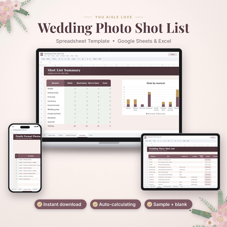 May include: A digital wedding photo shot list spreadsheet template displayed on a laptop, tablet, and smartphone. The interface features tables, charts, and columns for tracking moments, must-haves, and nice-to-have shots for Google Sheets and Excel.