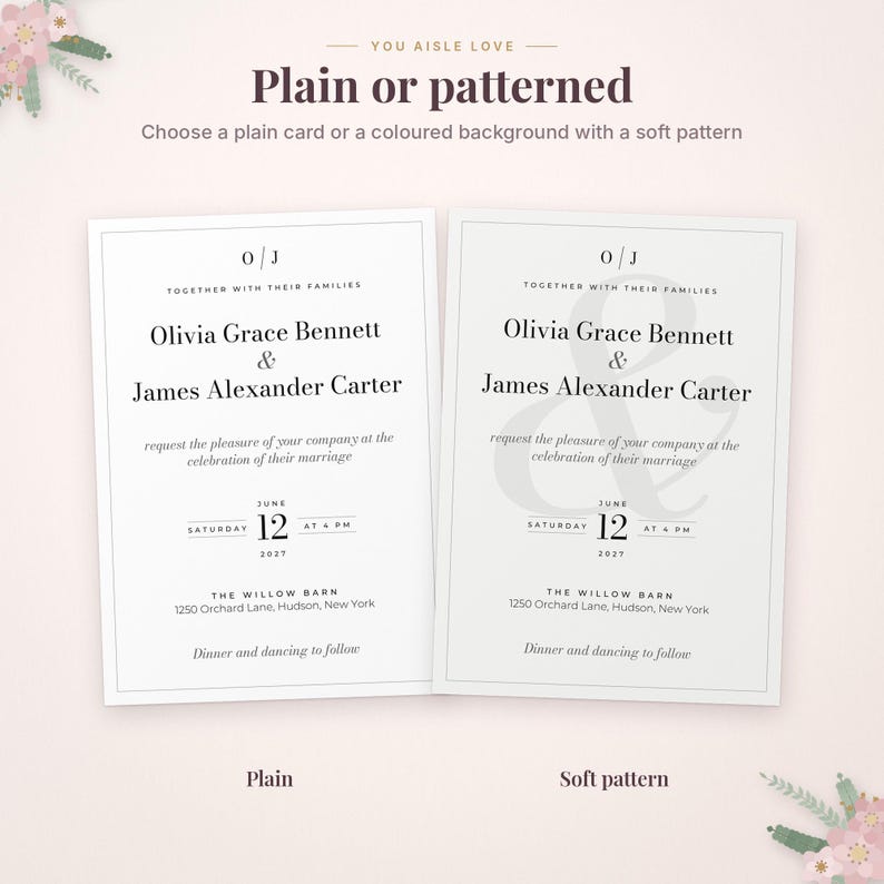 May include: Two wedding invitation cards with black text on white backgrounds. The left card is plain white, while the right card features a faint, large ampersand pattern. Text includes names Olivia Grace Bennett and James Alexander Carter, date June 12, 2027, and location The Willow Barn, 1250 Orchard Lane, Hudson, New York.
