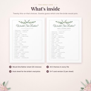 May include: Two white paper sheets featuring a Would She Rather game for bridal showers. The text includes What's inside, Twenty this-or-that choices, and Host answer sheet. Each sheet has a green leaf illustration at the top and twenty numbered lines with checkboxes for selecting preferences.