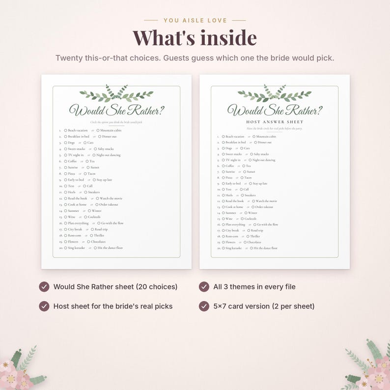 May include: Two white paper sheets featuring a Would She Rather game for bridal showers. The text includes What's inside, Twenty this-or-that choices, and Host answer sheet. Each sheet has a green leaf illustration at the top and twenty numbered lines with checkboxes for selecting preferences.
